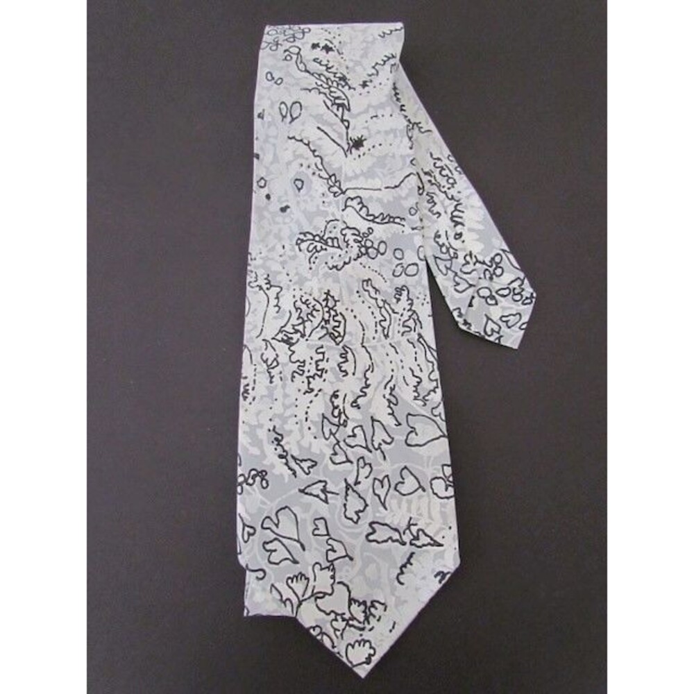 Vintage 1960s Key West Hand Print Men’s Tie Black Gray White Abstract Floral